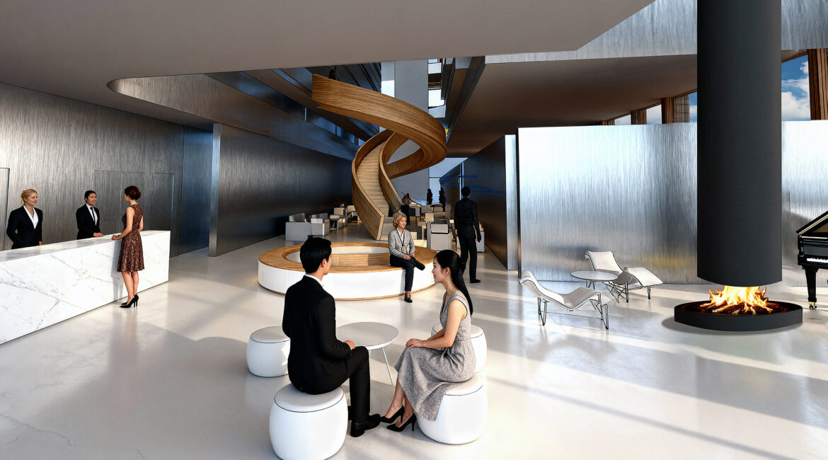 THE GRAND LOBBY | A dynamic arrival space where reception, gathering and events unfold across different levels.